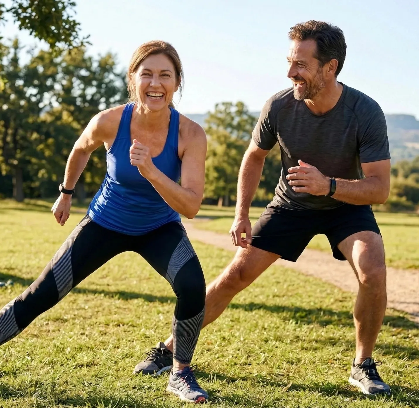 Pareja adulta entrenando al aire libre